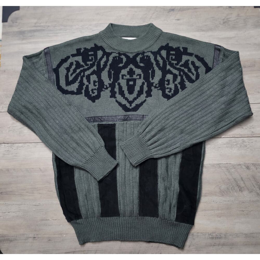 Vintage Rare Hardy Amies Mens Medium Sweater Acrylic Real Leather Trips Grey